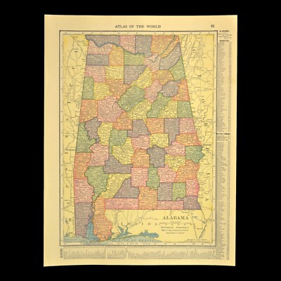 1910 Vintage ALABAMA Map Wall Art Gadsden Anniston Montgomery Antique DATED