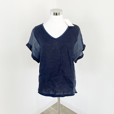 Ridley Aria Linen T-Shirt Womens S Navy Blue Short Sleeve V-Neck Relaxed Fit New