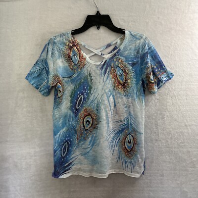 Coco's Clozet Womans Blouse Top Blue Small Geometric Peacock Short Sleeve V Neck