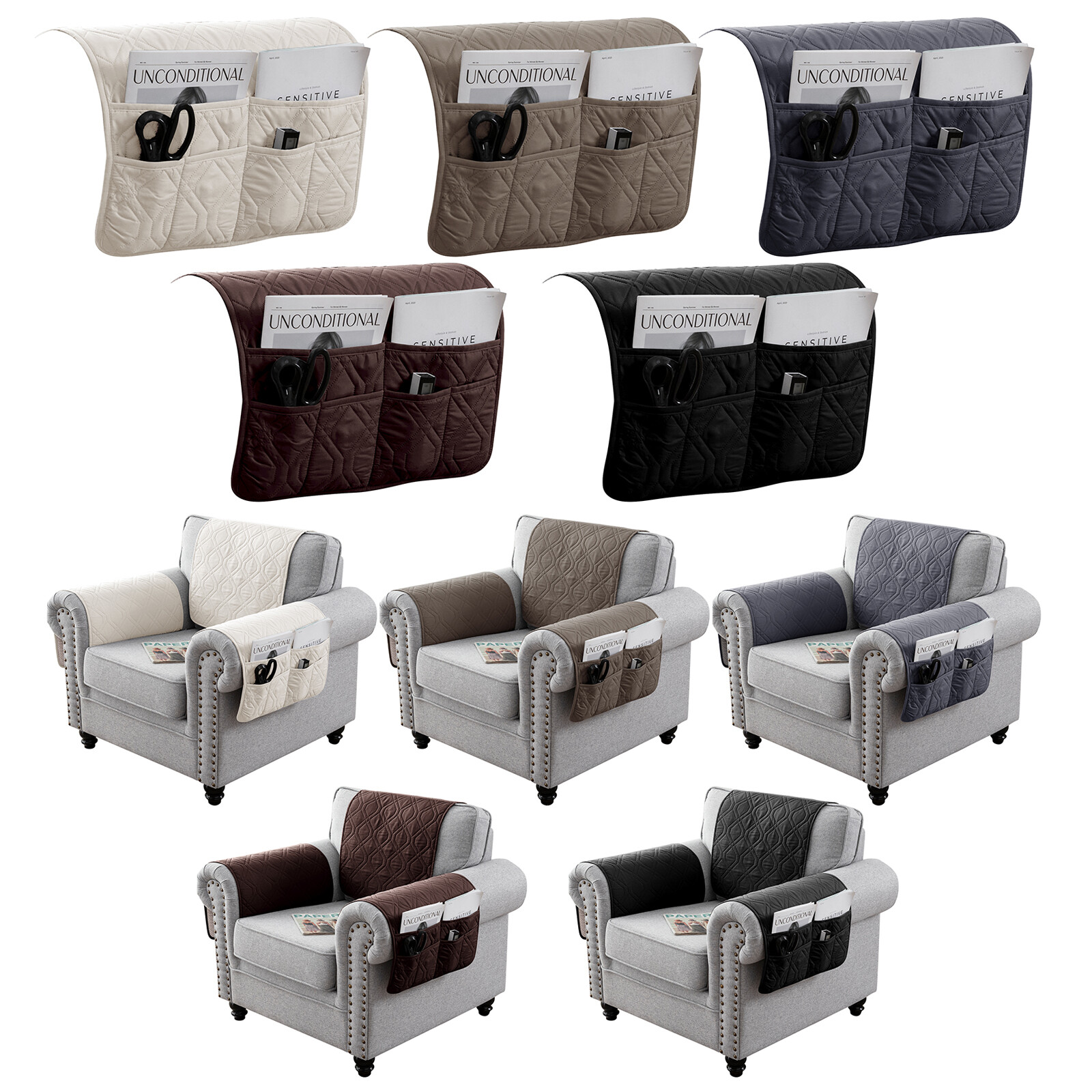 Waterproof Quilted Sofa Couch Armcover with Storage Bag Armr