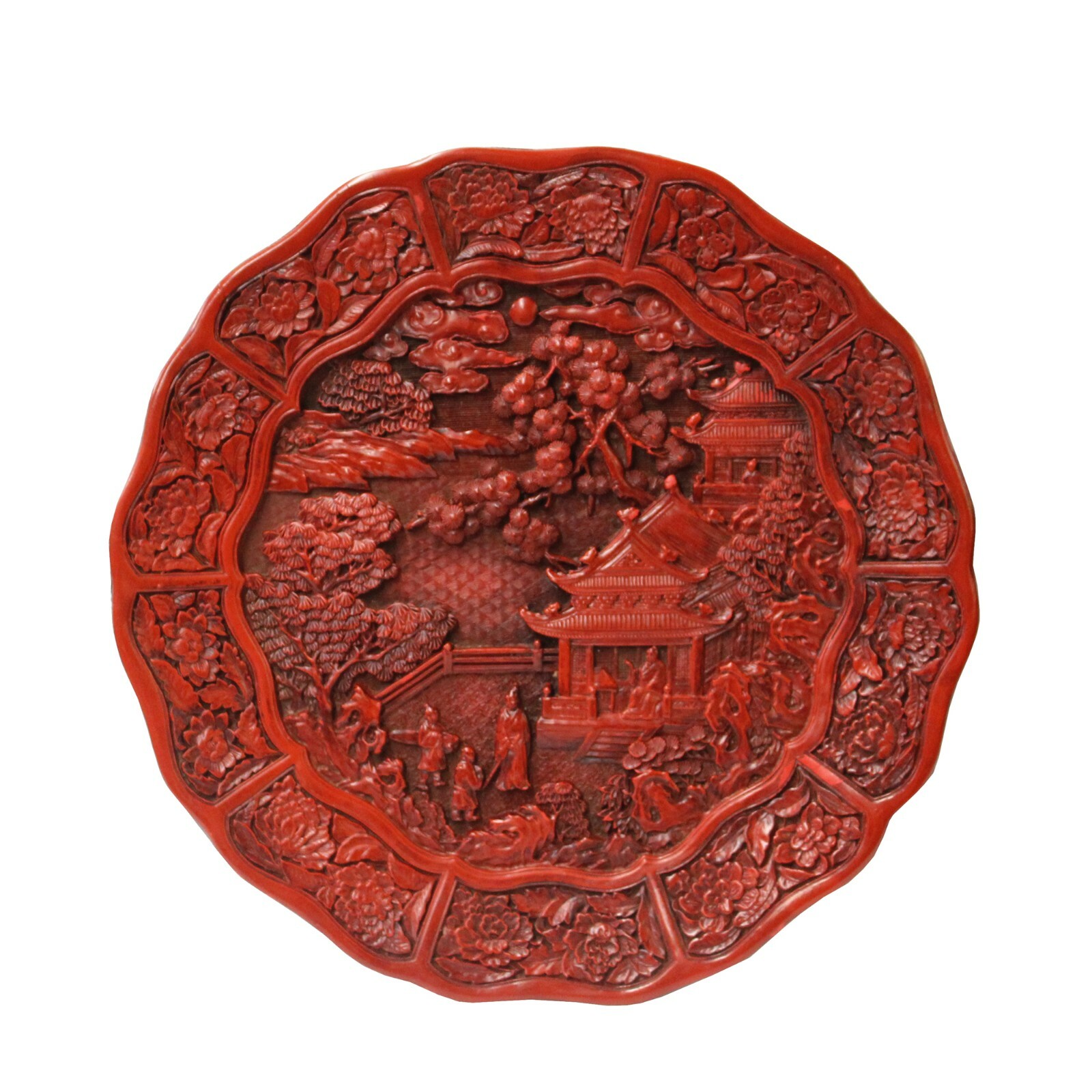 Chinese Red Resin Lacquer Round Scenery Relief Carving Accent Plate ws974S Chinese Red Resin Lacquer Round Scenery Relief Carving Accent Plate ws974S