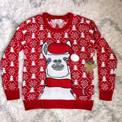 Women(Med) LLAMA SANTA HAT UGLY SWEATER red white christmas holiday funny ladies