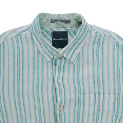 TOMMY BAHAMA 100% Linen Shirt Blue White Stripe Long Sleeve Size MEDIUM