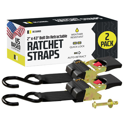 DC Cargo Boat Transom Tie Down Strap 2''x43'' Retractable Straps w/ S-Hook 2-pack