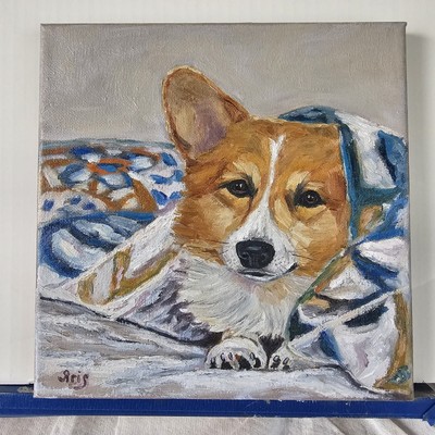 Original oil painting portrait of Cute Dog, Corgi Pet 8x8 inches impressionism
