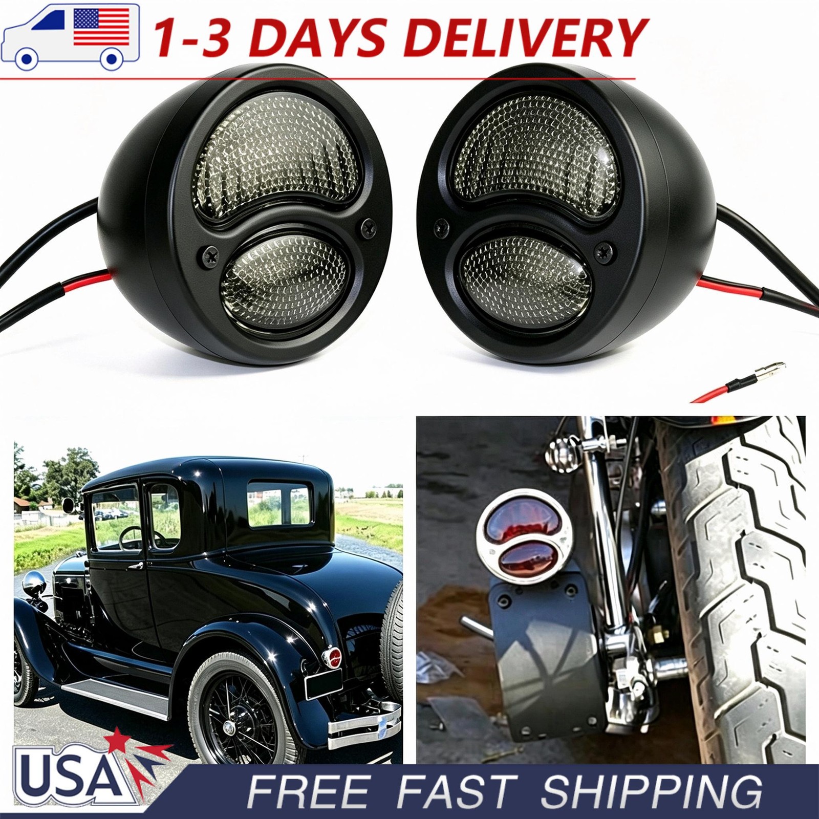 2PCS LED Model A Hot Rat Street Rod Custom Car Truck Chrome Tail Lights For Ford