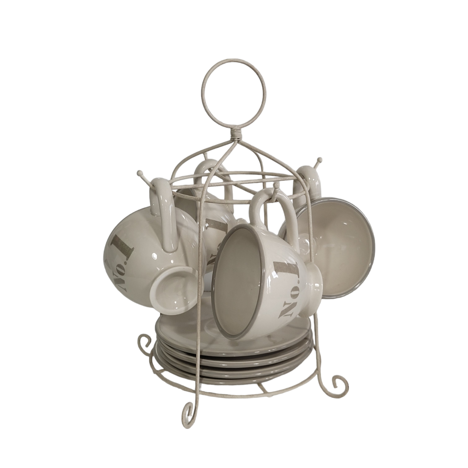 Set of 4 Cream Coffee/Tea Cups & Saucers with Wire Holder