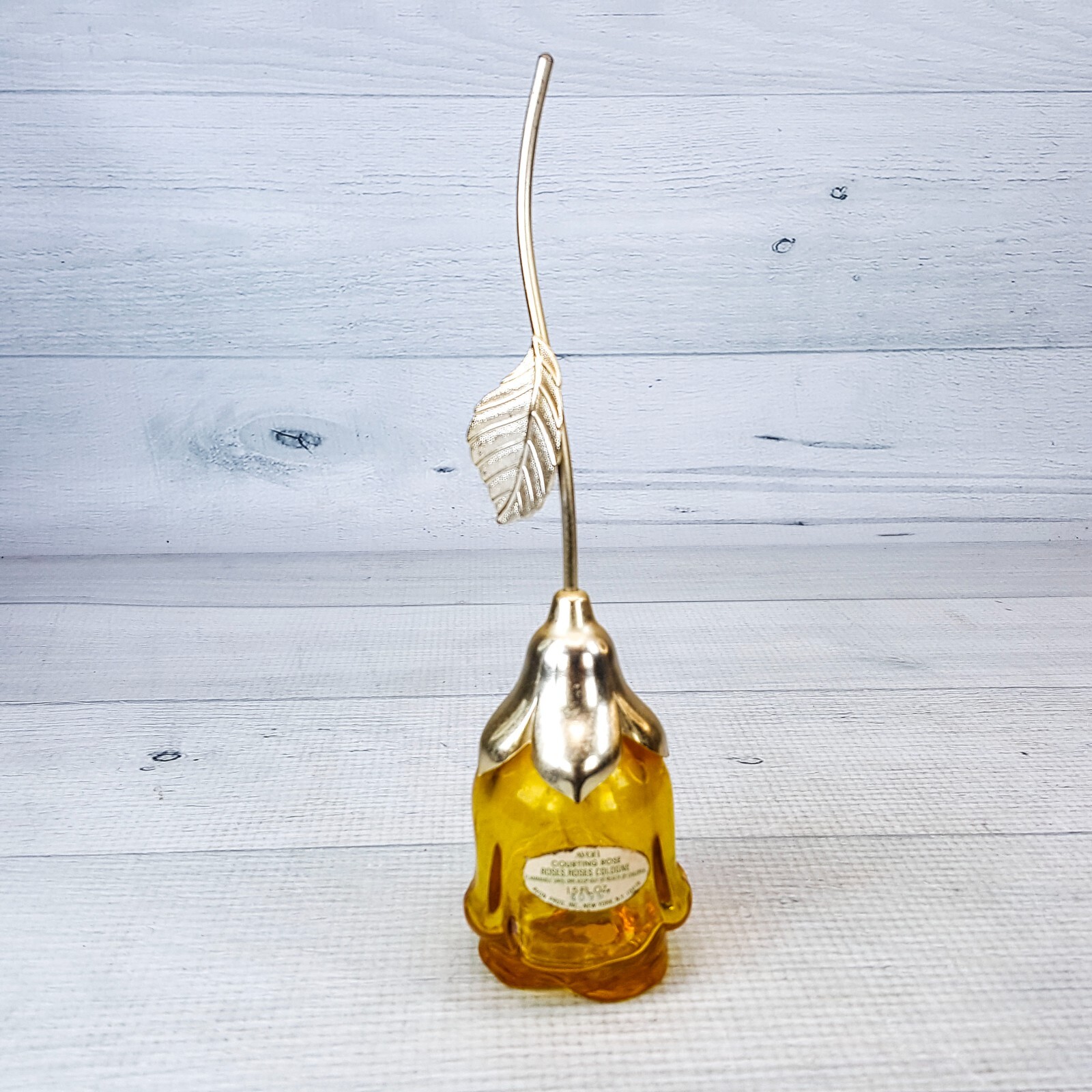 Vintage Avon Courting Rose Yellow Glass Gold Stem Roses Cologne Empty Bottle 8