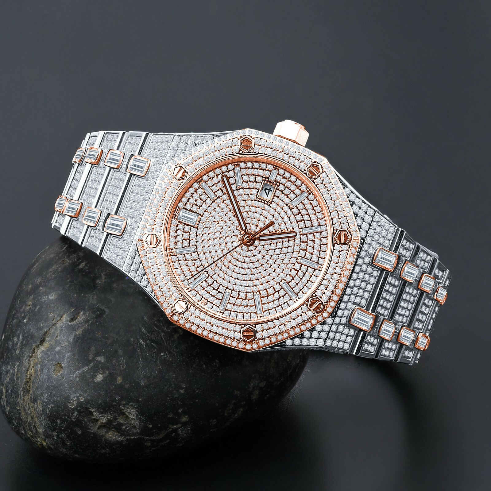Pre-owned Bling Master Full Steel Baguette Men's Rose Gold 2 Tone Finish Simulated Diamonds 42 Mm Watch