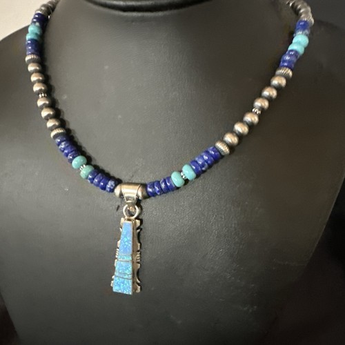 Pre-owned Handmade Mens Blue Turquoise Lapis Opal Pendant Navajo Sterling Silver Necklace 20" 17896