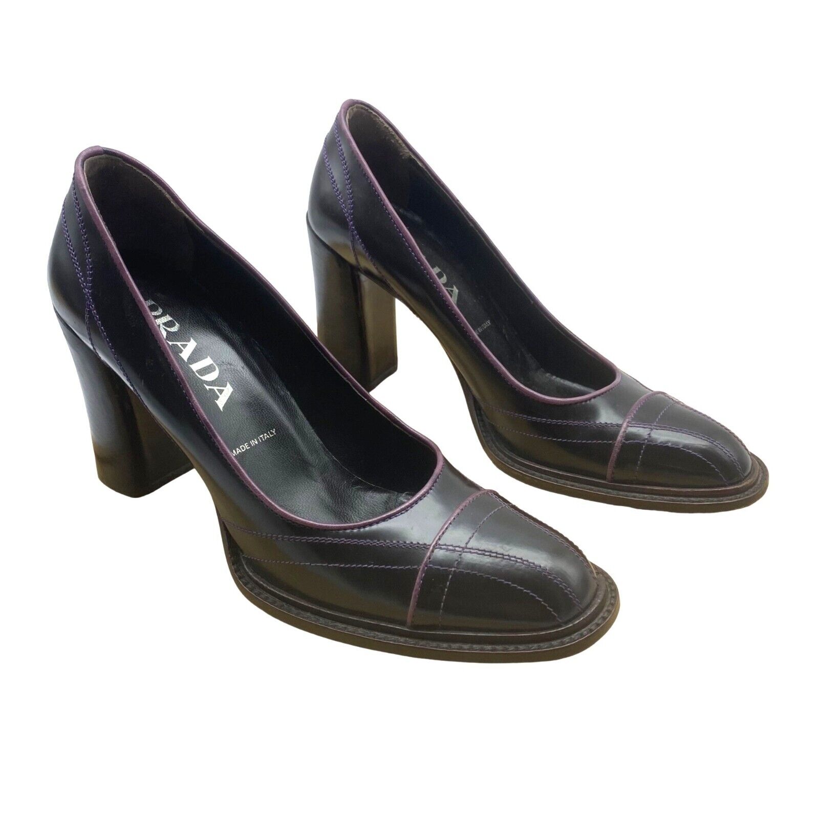 Prada Square Block Pumps Women Sz 36 Deep Purple Leather Prada Square Block Pumps Women Sz 36 Deep Purple Leather