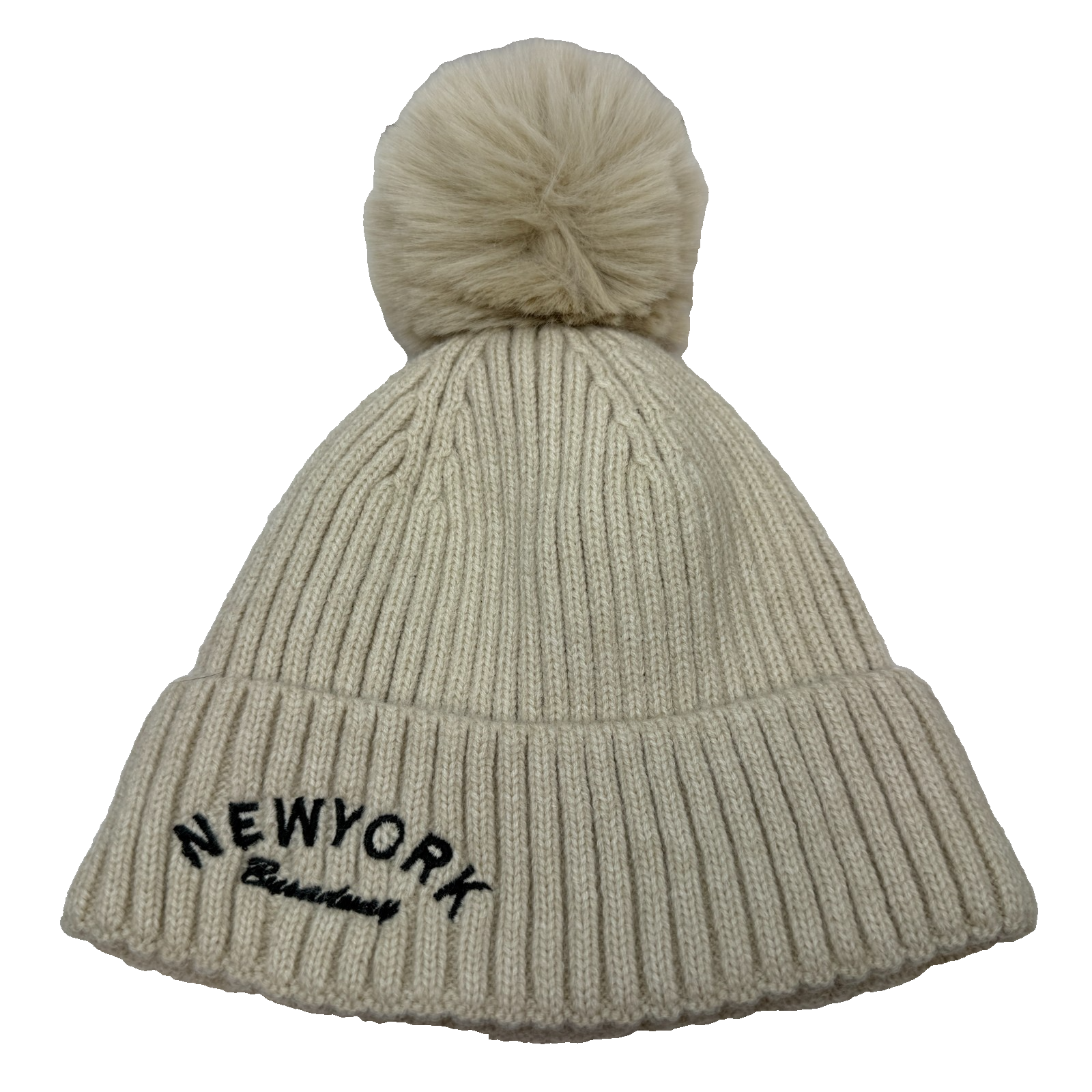 New York Broadway Cream Knit Fleece Lined Beanie Hat Faux Fur Pom Pom Winter OS
