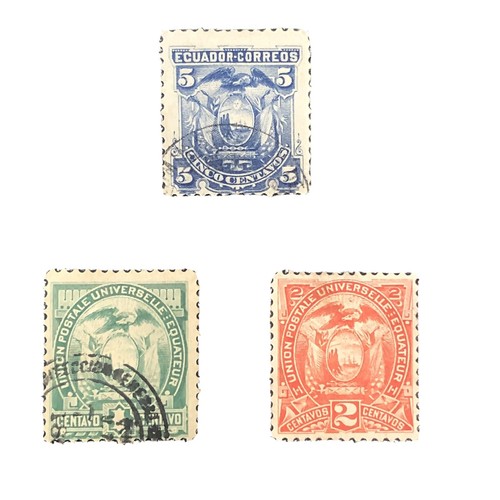 切手108 ECUADOR, SCOTT # 14+19/20(2), TOTAL 3 1881-87 COAT OF ARMS