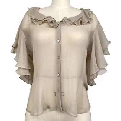 Ralph Lauren Black Label Sheer 100% Silk Cascading Ruffle Blouse Silver Size 12