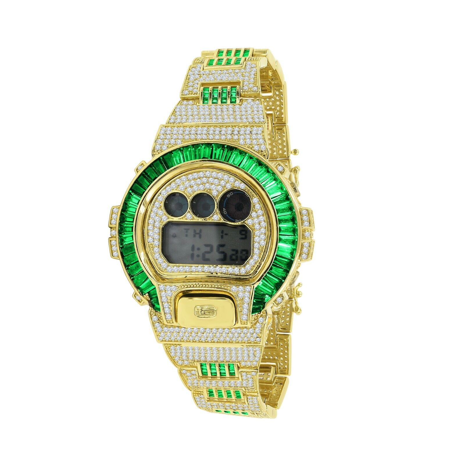 Emerald Green Gold Tone Lab Diamonds Custom Baguette Casio G Emerald Green Gold Tone Lab Diamonds Custom Baguette Casio G