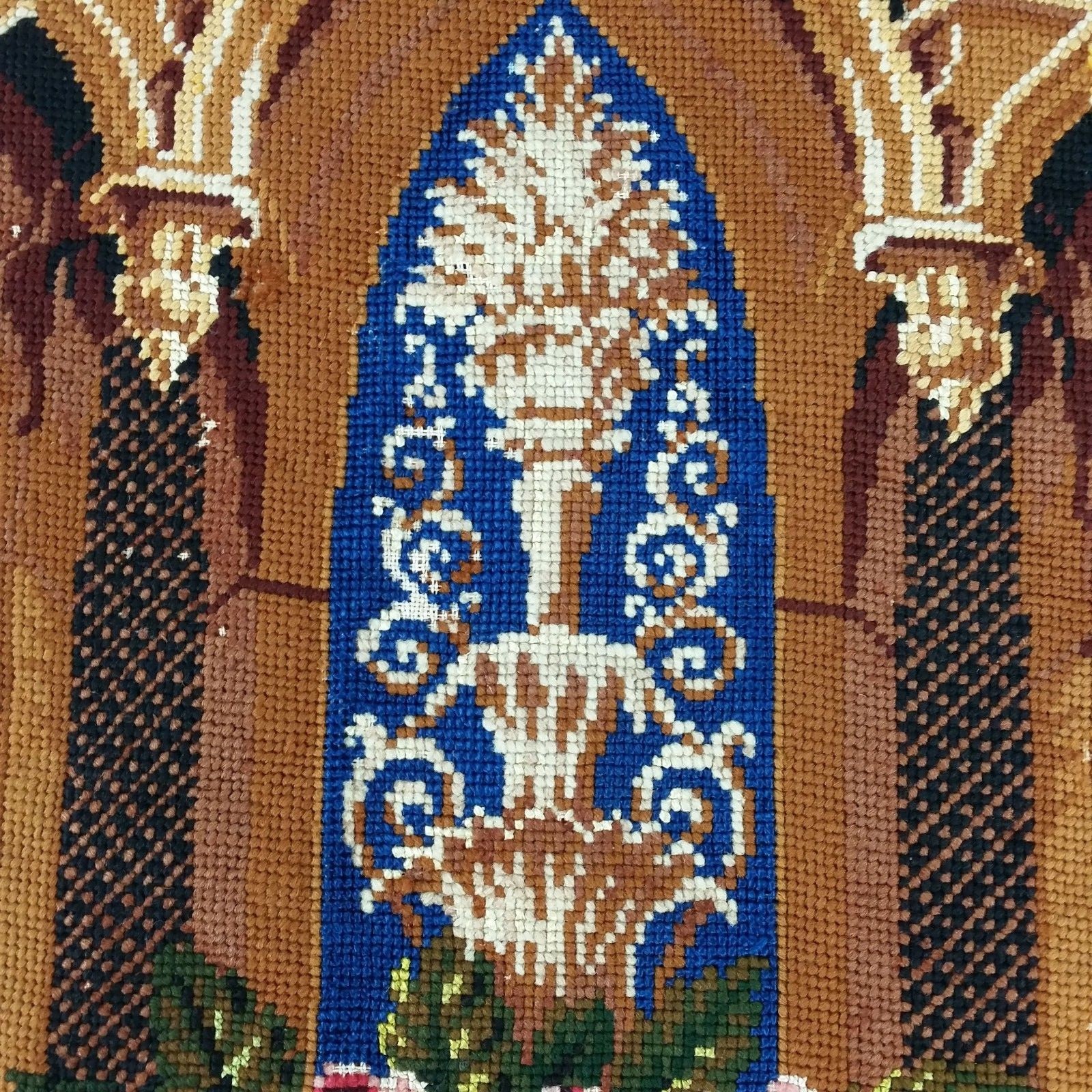 Vtg Finished Needlepoint Gothic Revival Image from Belgium Completed 34x22