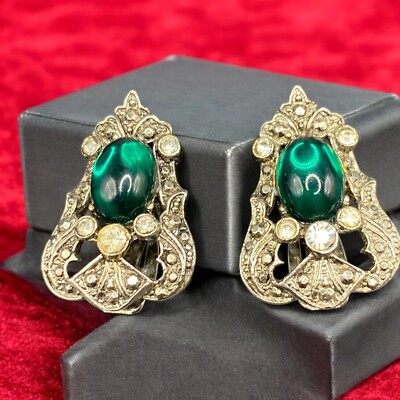 Signed CRAFT Vintage Green Cab Clip on EARRINGS Clear Rhinestone Costume Jewelry