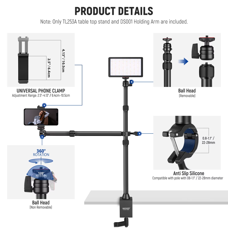 Tabletop Overhead Camera Mount Stand with 2 Section Telescopic Extension Arm, Sc