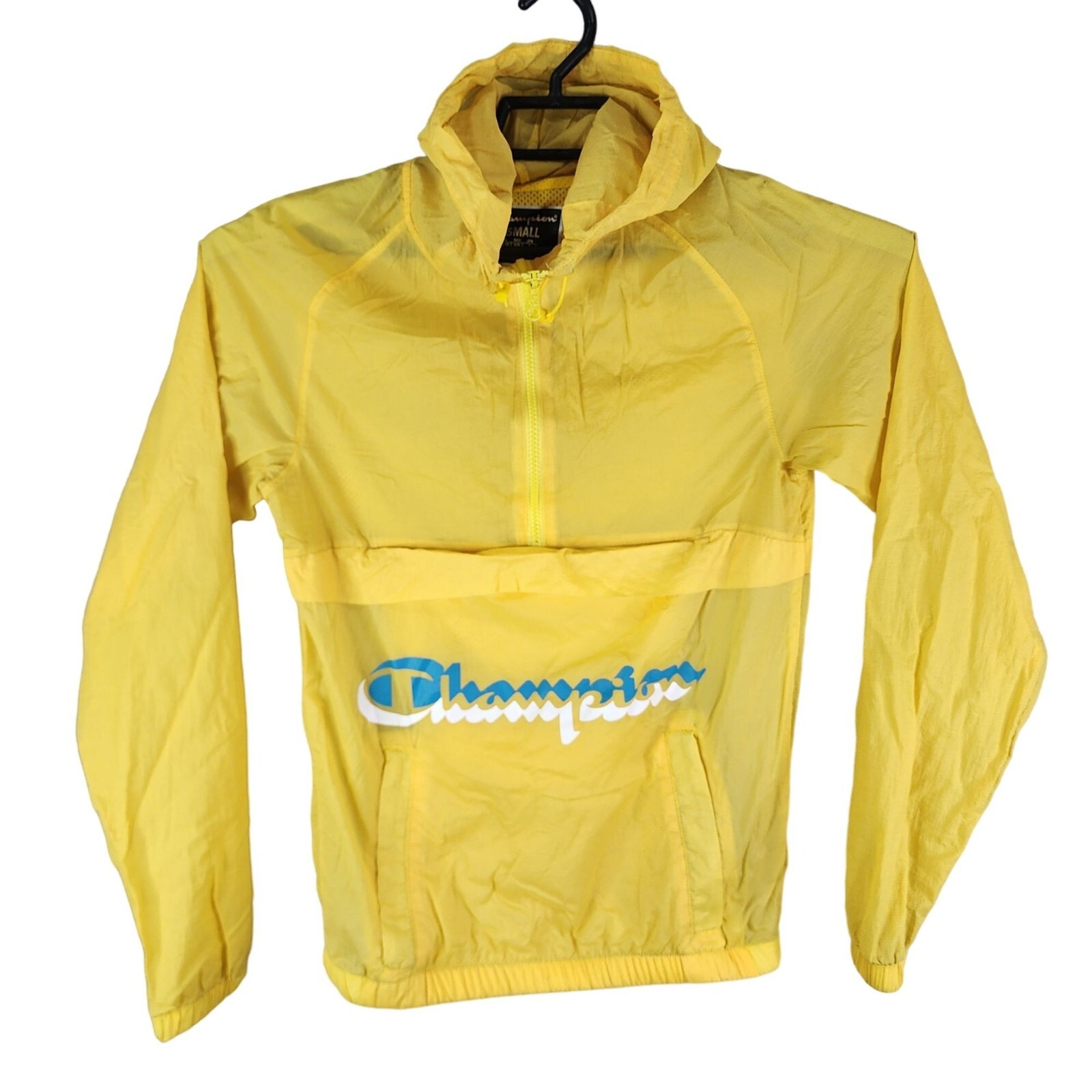 Mens Champion Yellow Hooded Pullover Windbreaker Jacket 1/2