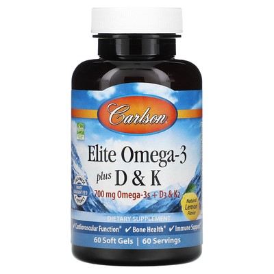 Elite Omega-3 Plus D&K, натуральный вкус лимона, 60 мягких желатиновых капсул