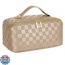 Large Capacity Travel Cosmetic Bag - Portable Makeup Bags for Women Waterproof PU Leather Checkered Makeup Organizer Bag with Dividers and Handle,Toiletry Bag for Cosmetics, Khaki