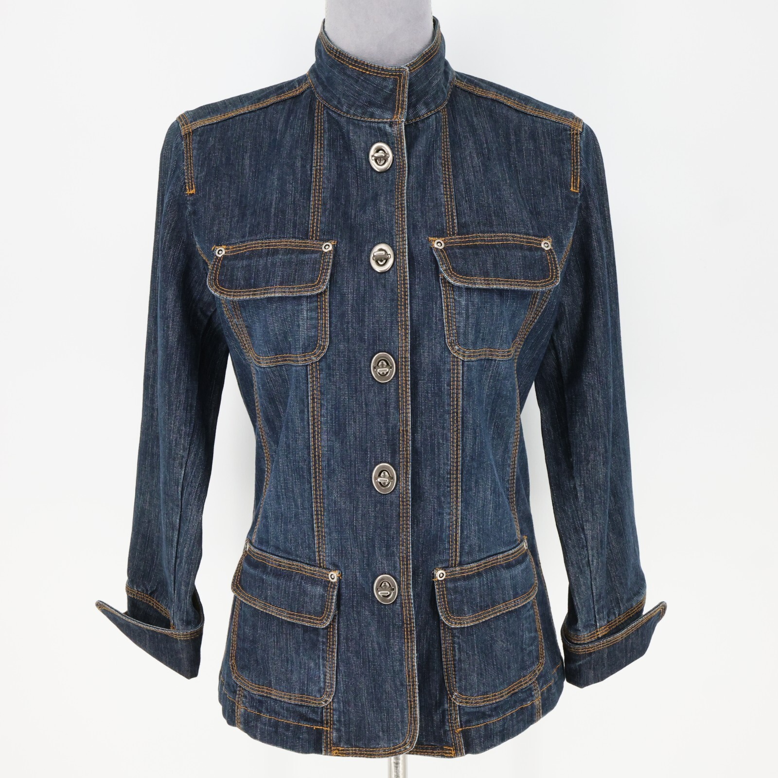 Chicos Denim Jacket 0 Womens Small Blue Military Stretch