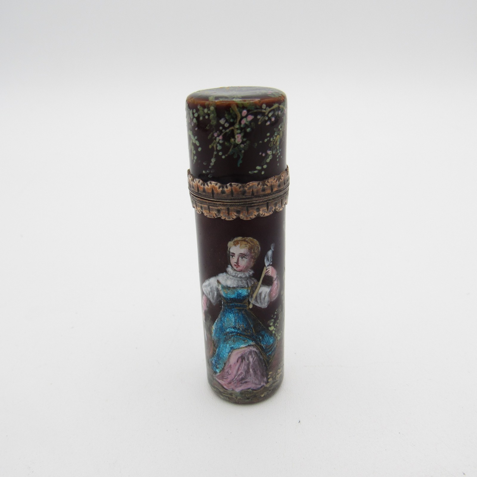 Antique RARE Enamel and Sterling Cylinder Shaped Perfume Scent Bottle, Woman