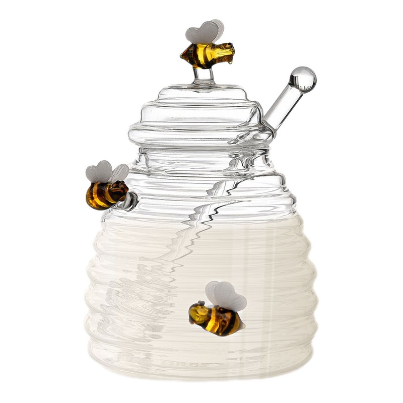 Transparent Honey Jar With Dipper And Lid Glass Beehive Style Honey Glass Pot