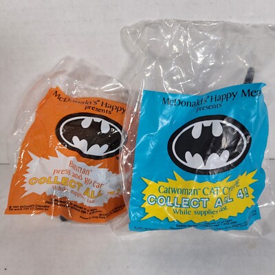 2 Batman Happy Meal McDonalds Toys 1991 Batman Press Go Car, Catwoman Cat Coupe