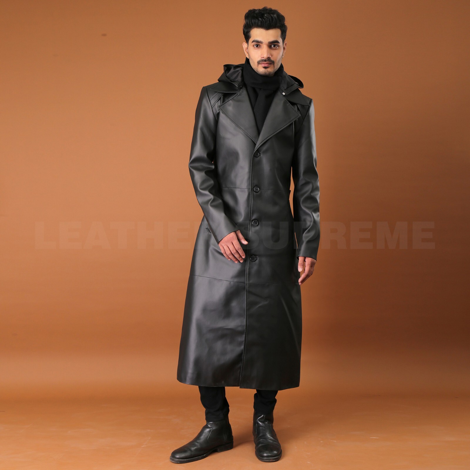 Pre-owned Supreme Men Black Long Hooded Coat For Men Leather Long Trench Coat Duster Coat