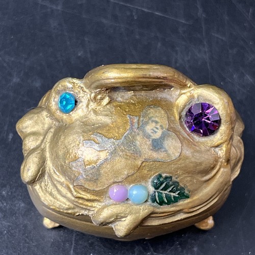 Antique W B Mfg Weidlich Bros Jewelry Casket Trinket Coffin Box Gold Mini Gem 2"
