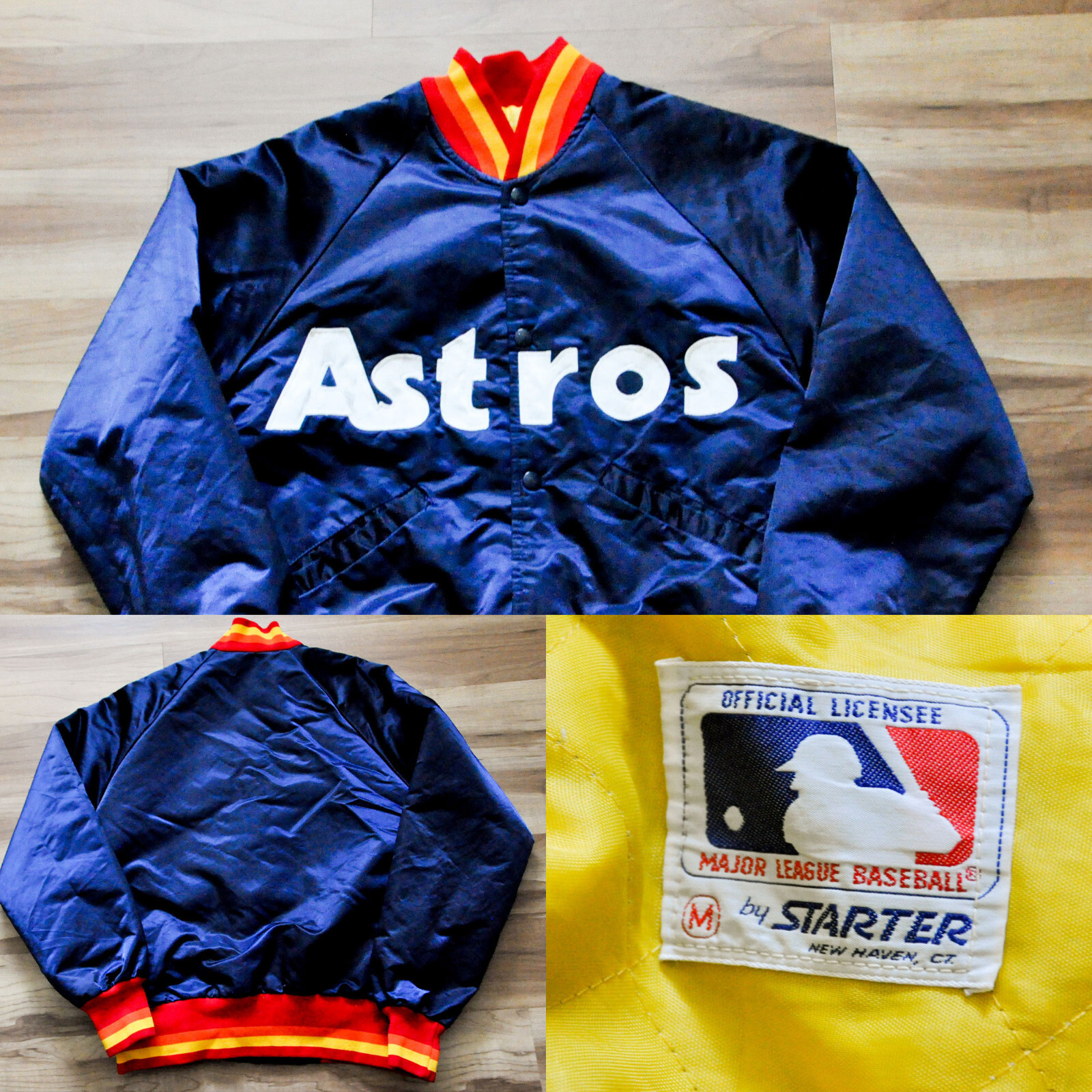 ジャケット・アウター VTG STARTER MLB S jacket L blue Vintage Starter Texas Rangers MLB Blue Satin Bomber Jacket