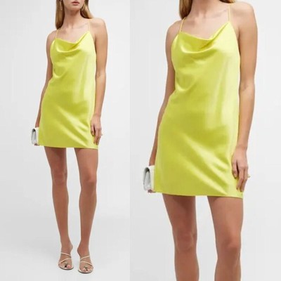 NWT Alice + Olivia Harmony Mini Slip Dress in Canary Sz 10 Satin Cowl Neck