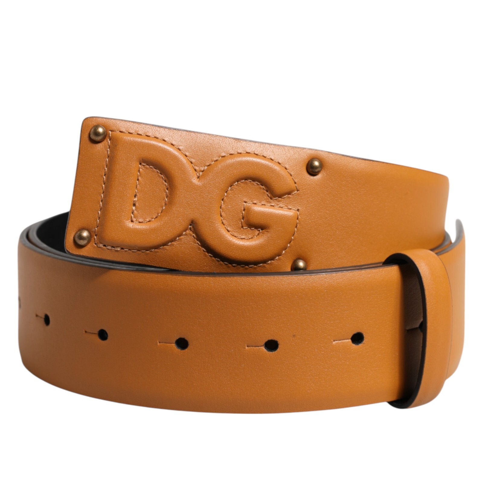 DOLCE & GABBANA Belt Brown Leather Buckle DG Logo Embossed