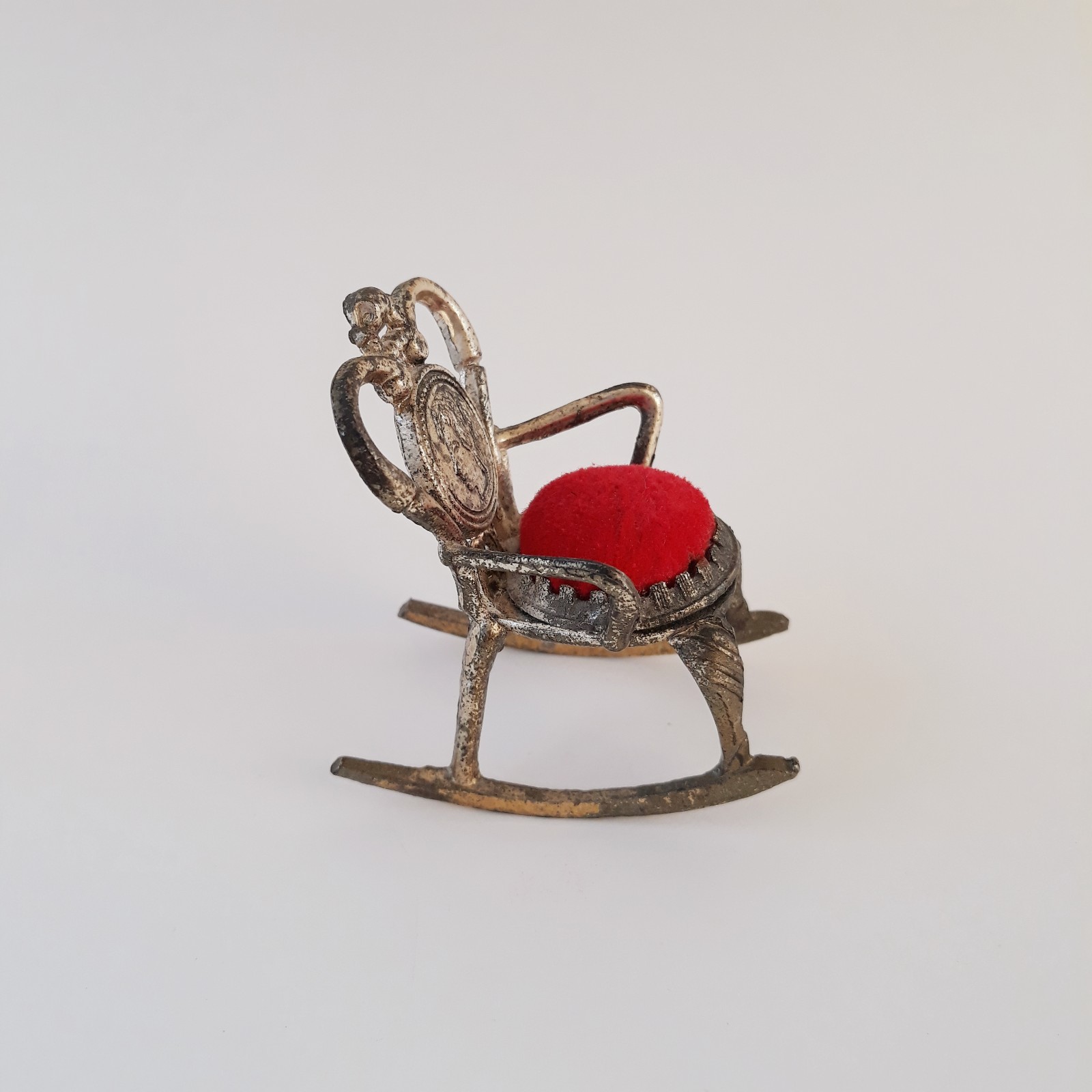 Vintage Rocking Chair Pin Cushion Metal Red Velvet Seat Face On Back