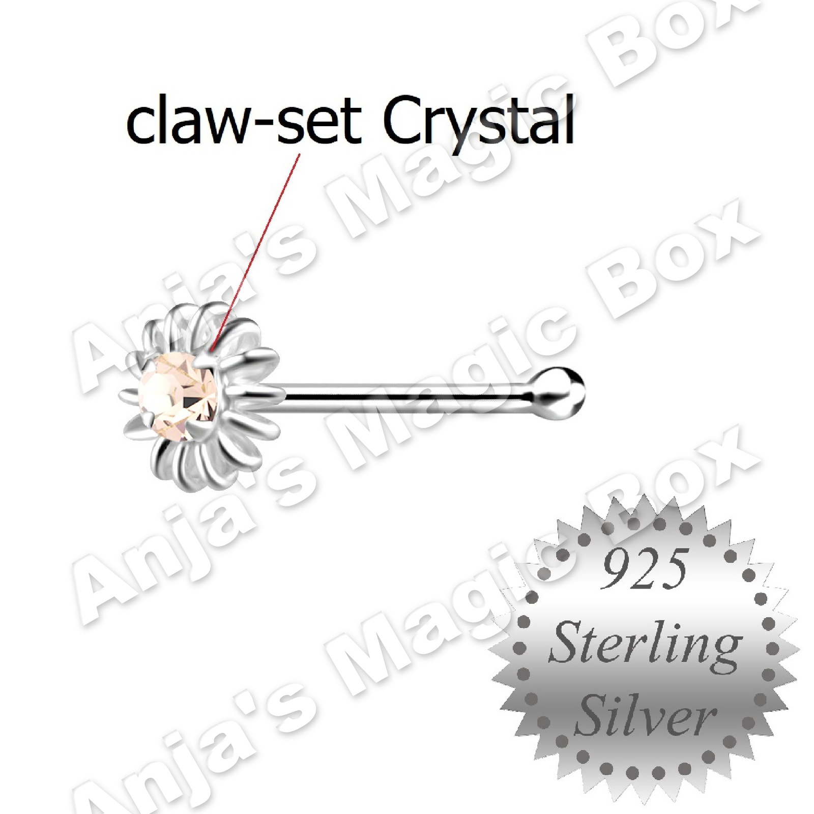 Light Peach Flower Nose Stud * Claw-Set Crystal * short Pin, 925 Sterling Silver
