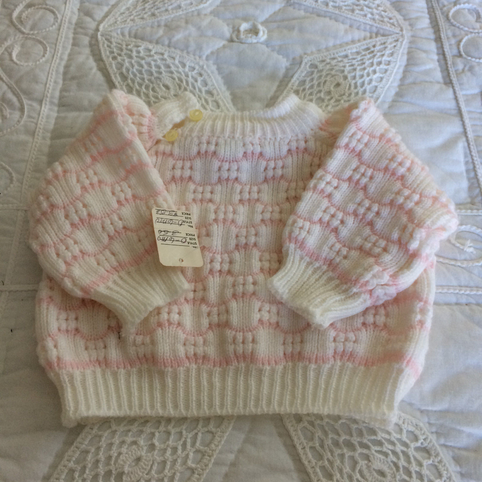 EUC Vtg Doll Baby Knitted Cardigan Jumper Pink White Buttons Newborn 0 6 POM HAT