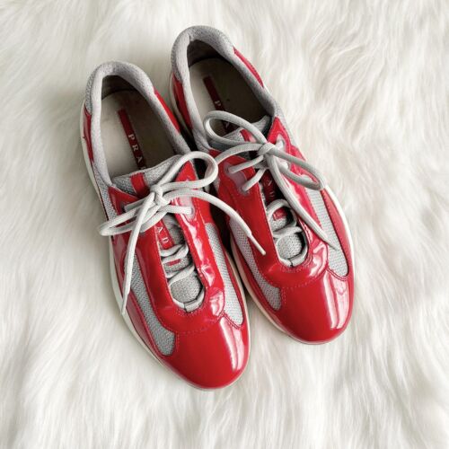 男女兼用 Prada Lace-Up Mesh Silver & Leather Patent Red Cup America's 靴