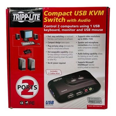 Tripp-Lite 2-Port Compact USB KVM Switch with Audio and Cable, B004-VUA2-K-R