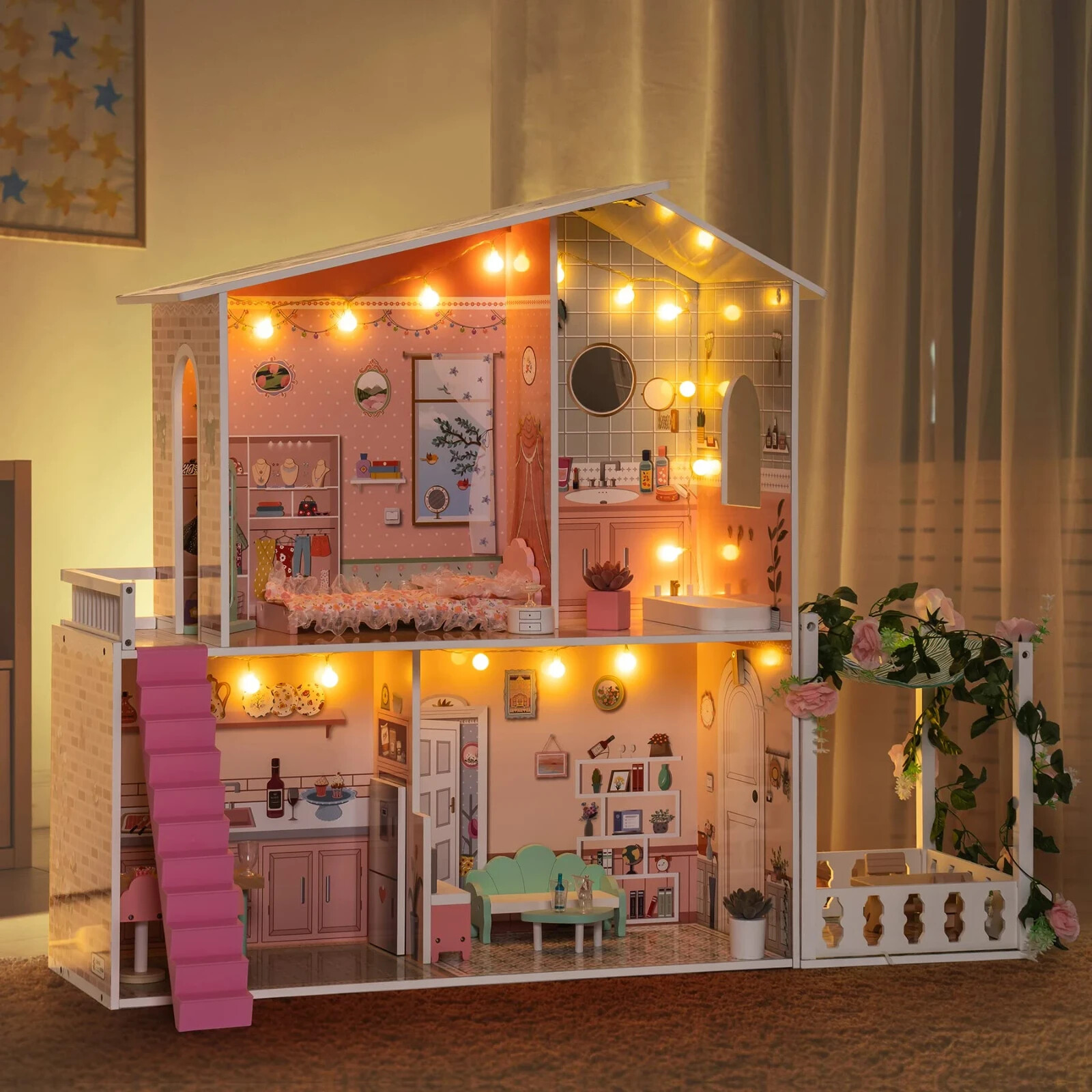 ROBUD Wooden Dollhouse for Children Aged 3-12 Children's Dollhouse Birthday Gift