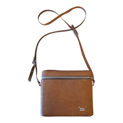 Vintage Camera Box Bag Leather Tan Purse Buckle Strap Zip Top Hard Case USA
