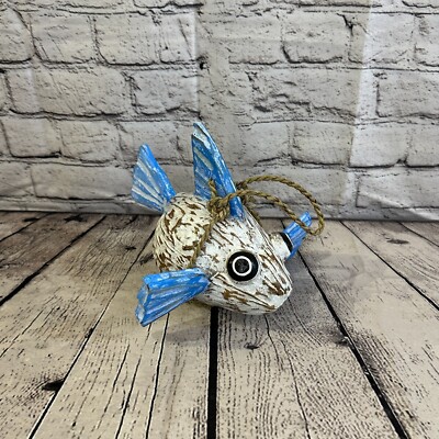 Blue White Folk Art Hand Painted Puffer Fish Coconut Shell Ornaments Hanging