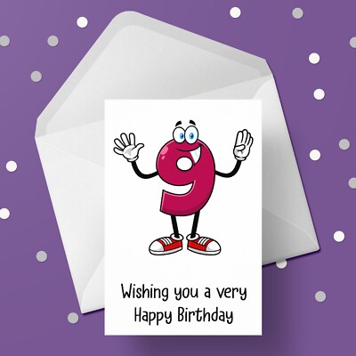 9th Birthday Card with funny cartoon number
