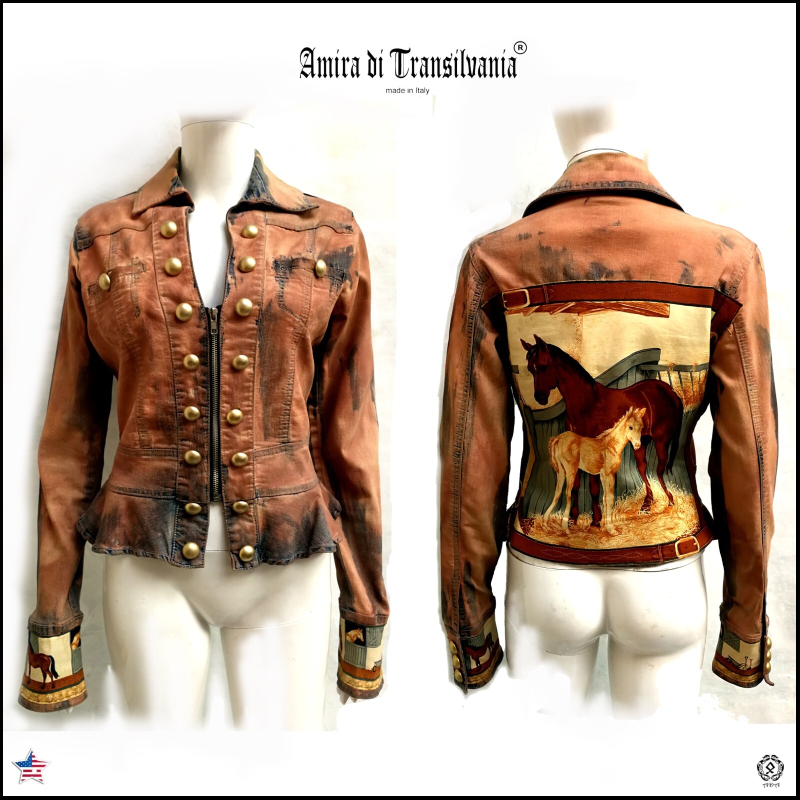 Pre-owned Amira Di Transilvania Denim Casual Woman Jacket Luxury Fashion Brand Italy Spring Autumn Horses Brown
