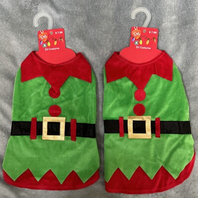 Matching NEW Elf Pet Dog (2) Costumes, MEDIUM (Pets 13  Neck To Tail 10-19 lbs)