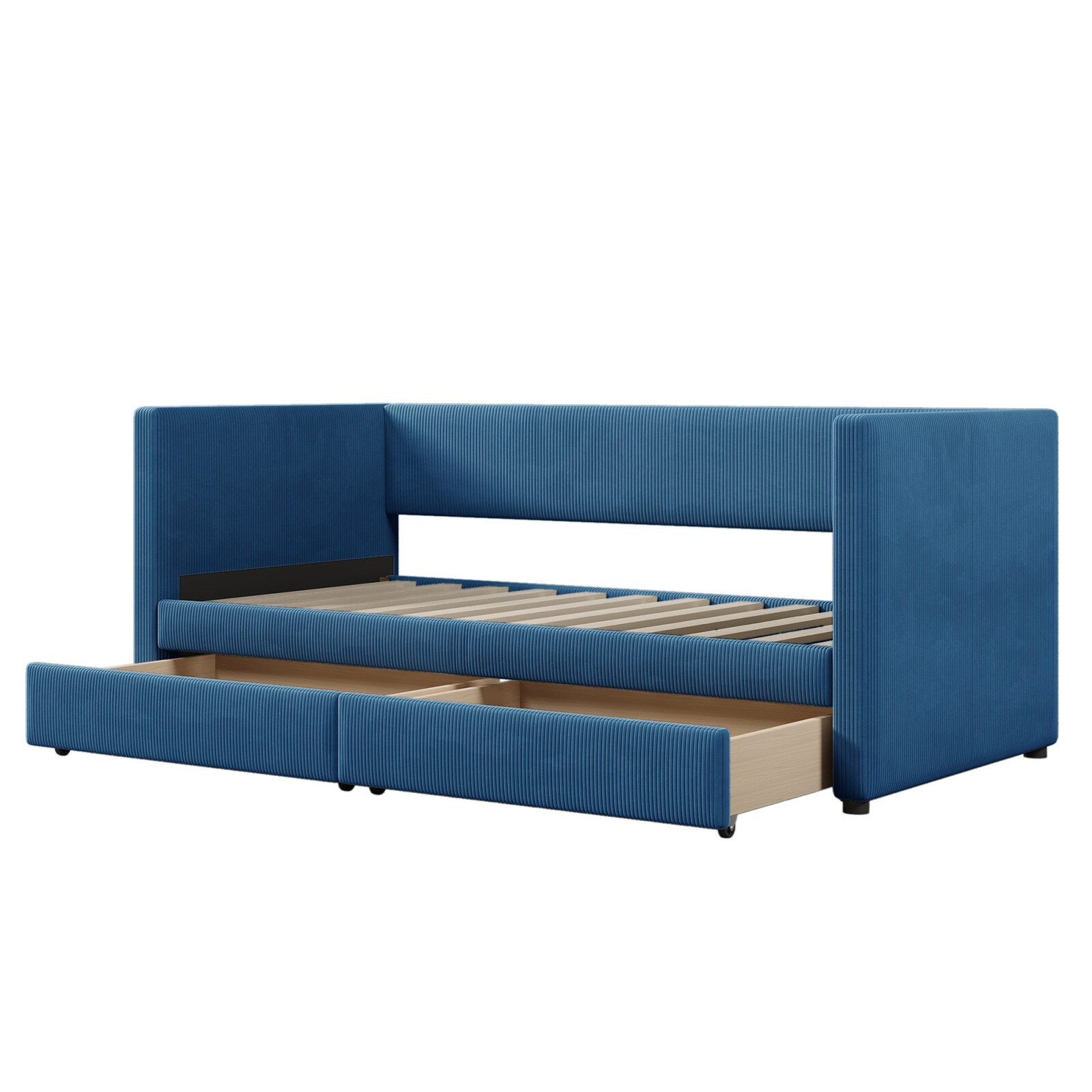 Twin Size Bed Frame Corduroy Daybed Platform Bed with Two Drawers and Wood Slat