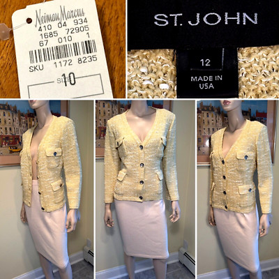 New w/ Tags ST JOHN Size 10/12 Large Yellow Stretch Wool Boucle-Knit Skirt Suit