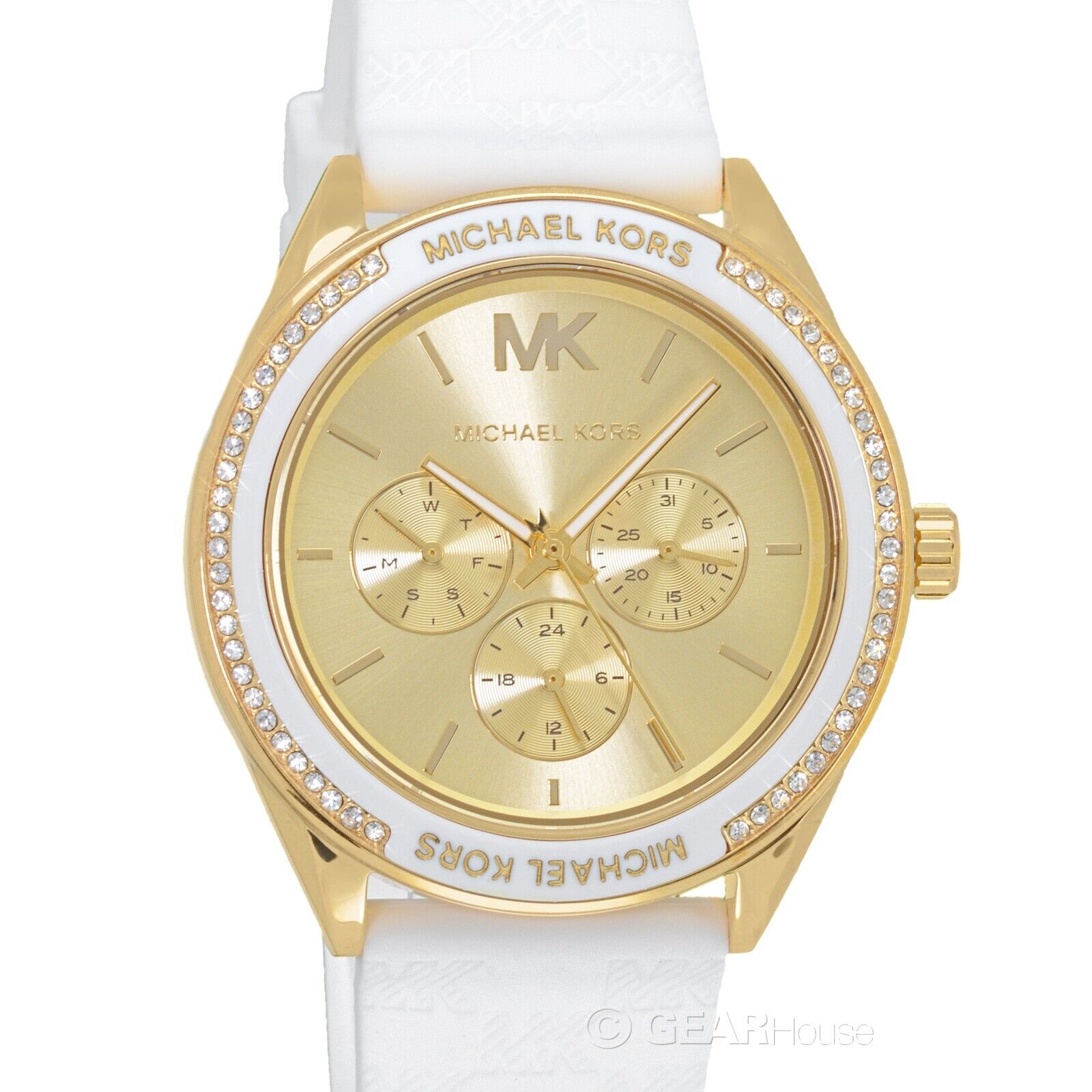 Часы Michael Kors Jessa Womens Glitz, золотой циферблат, белый силиконовый ремешок, кристаллы