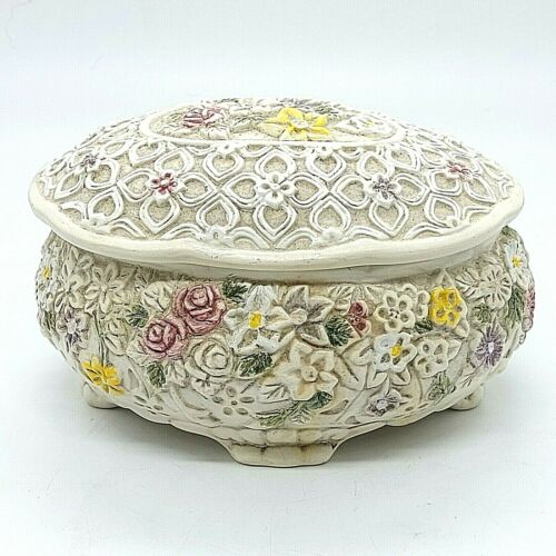 Vintage Ceramic Oval Trinket Box With Lid  Floral & Leaf Design Footed Preowned