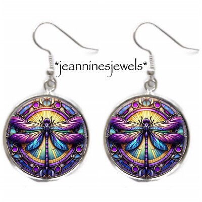 Purple Dragonfly Earrings Faux Stained Glass ART PRINT Silver Charm Dangle